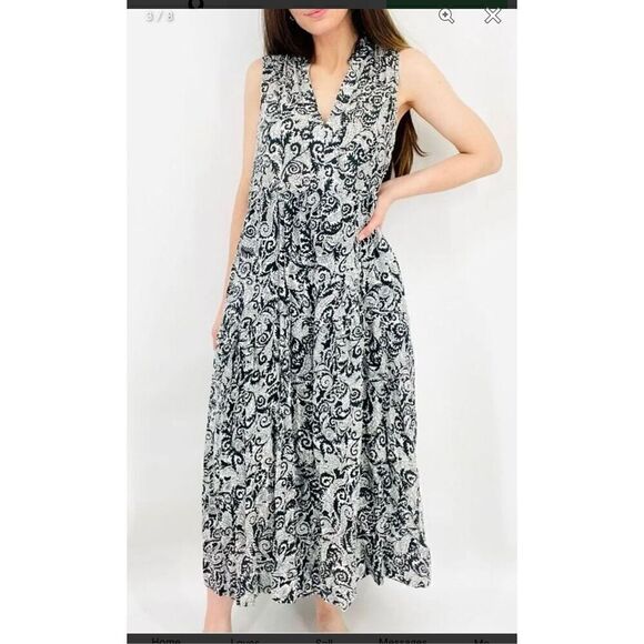 Anthropologie Maeve Marya Tiered black white ruffle shift dress pocket maxi dres - Picture 14 of 14
